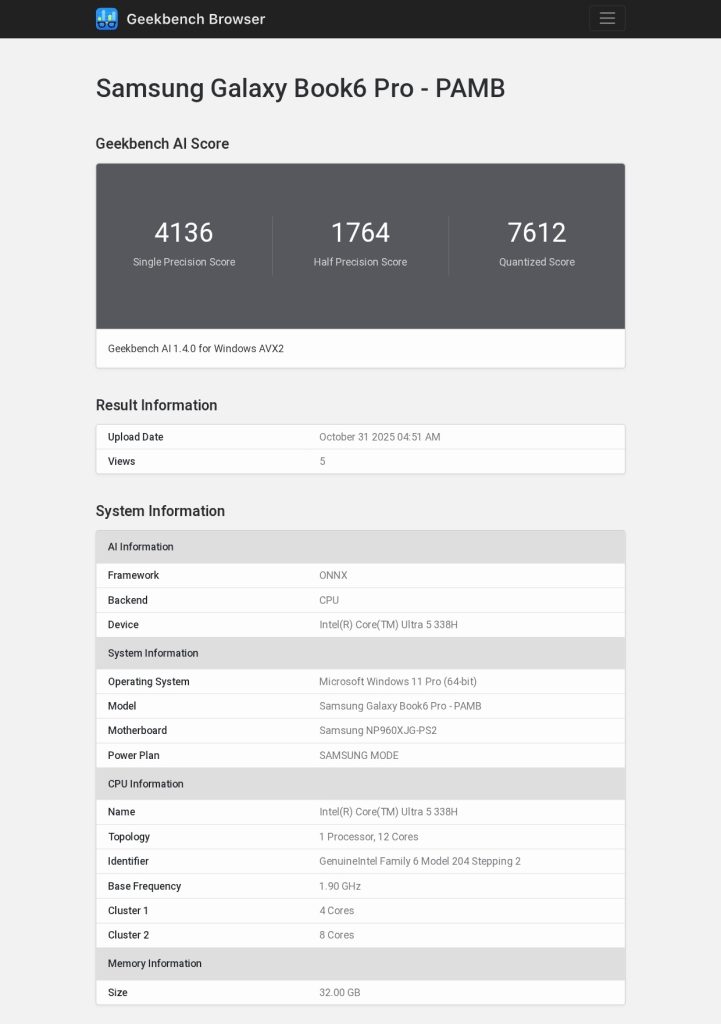 Samsung Galaxy Book 6 Pro - Geekbench Listing (1)