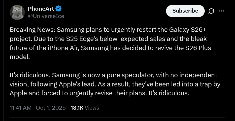 Samsung Galaxy S26+ Project Tipped to Get Revived, Claims Tipster - X Post