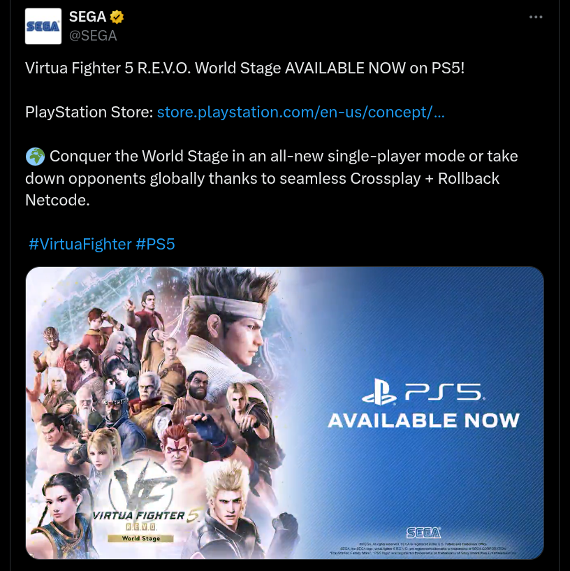 Virtua Fighter 5 R.E.V.O. World Stage Now Available on PS5 - X Post
