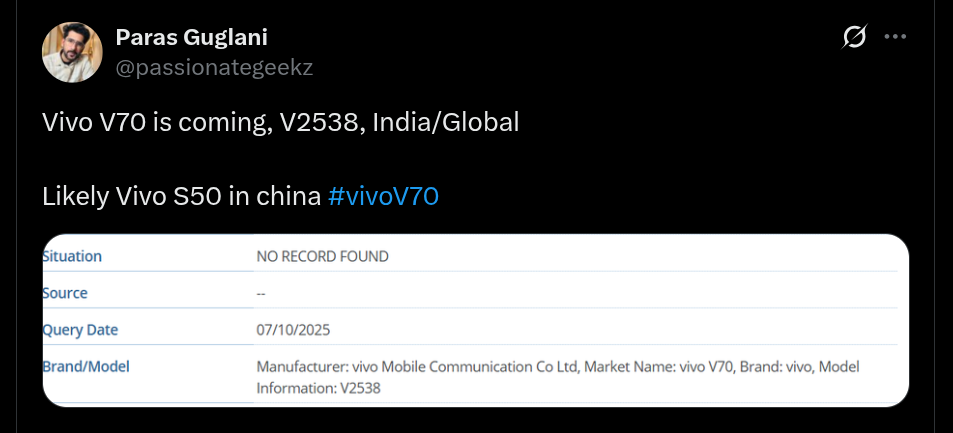 Vivo V70 (V2538) Spotted on the IMEI Database - X Post