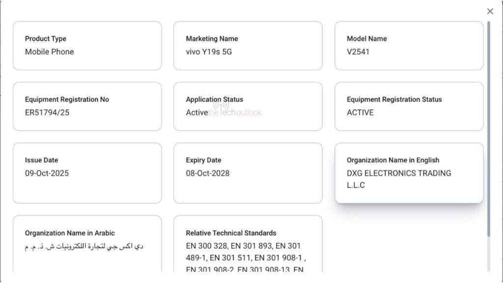 Vivo Y19s 5G (V2541) - TDRA Certification