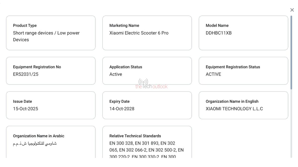 Xiaomi Electric Scooter 6 Pro - TDRA Certification