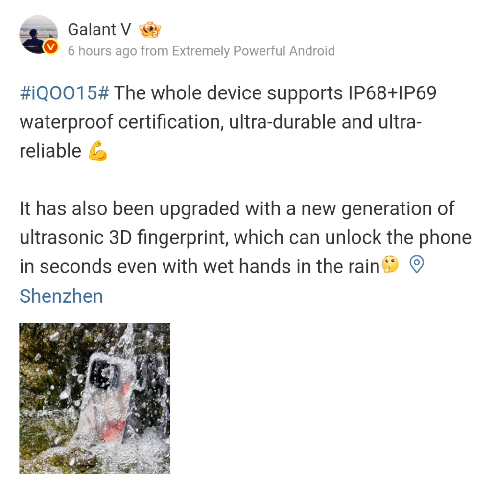 iQOO 15 - IP68 + IP69 Waterproof Rating and New Generation Ultrasonic 3D Fingerprint Scanner