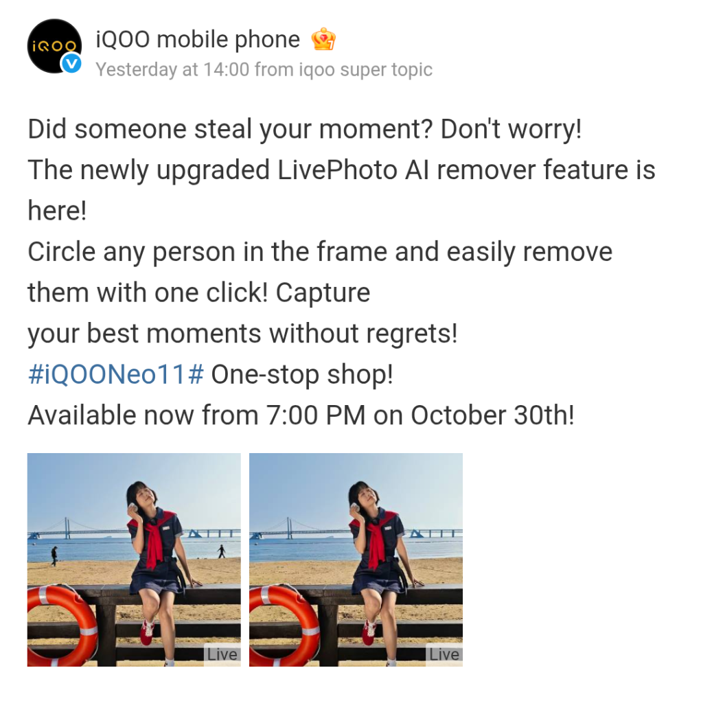 iQOO Neo 11 - Newly-Upgraded LivePhoto AI Remover Feature (Weibo)