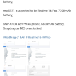 Alleged RedMagic 11 Air ('NX799J'), Alleged Realme 16 Pro (RMX5121), and New Wiko Phone (SNP-AN00) - Listings