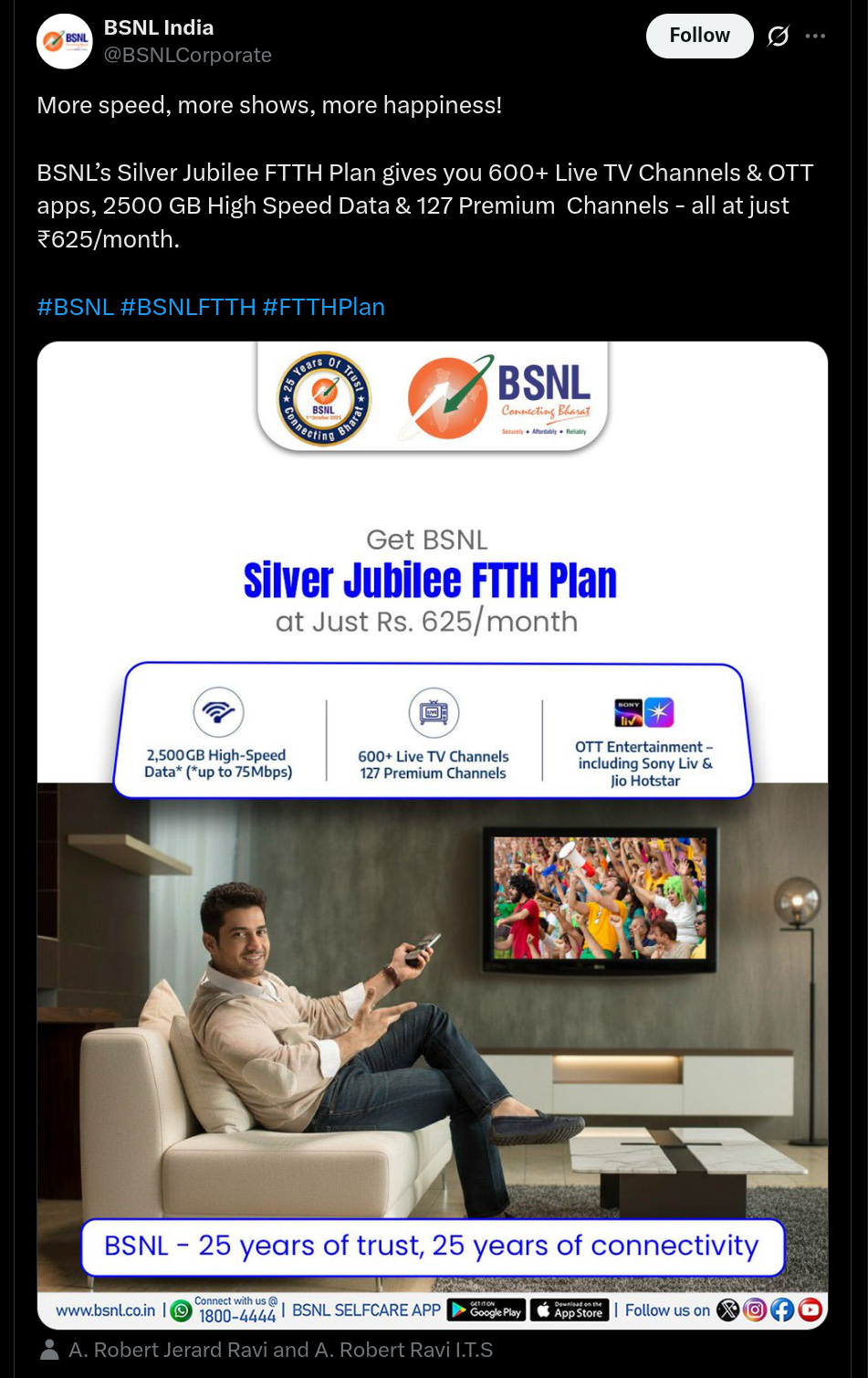 BSNL Silver Jubilee FTTH Plan Announced