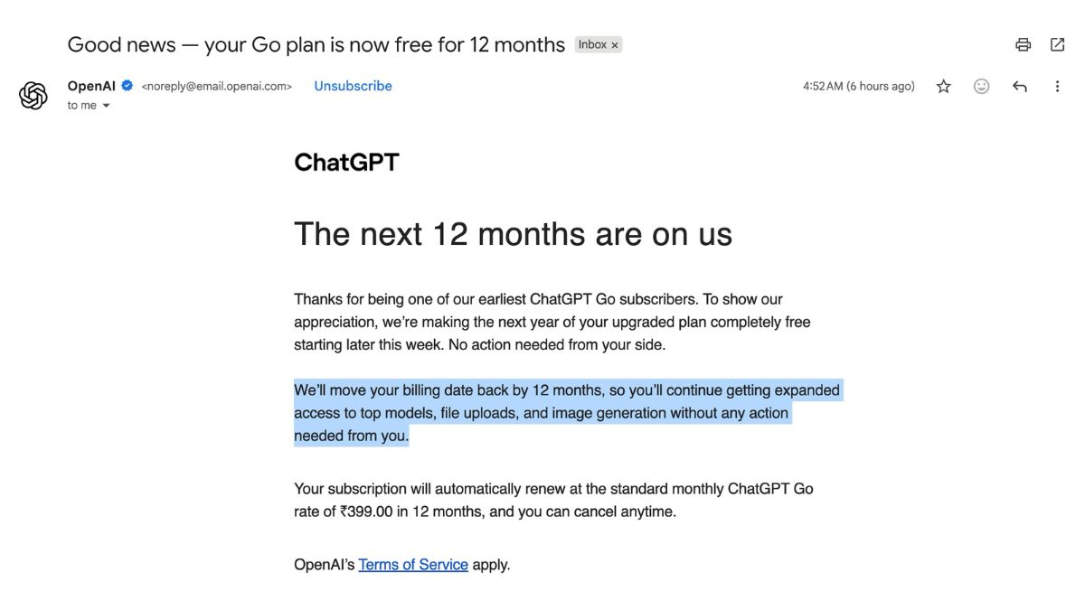 ChatGPT GO 12-Month Free Upgrade for Existing Paid Users