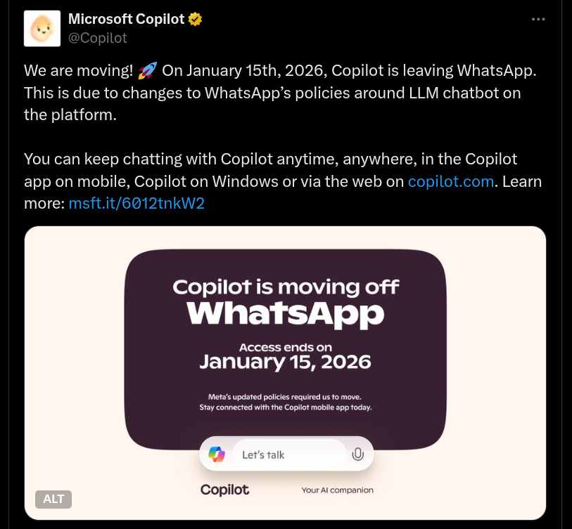 Copilot is Moving Off WhatsApp - X Post