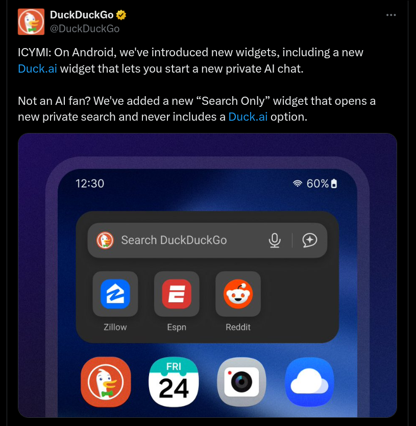 DuckDuckGo New Widgets Introduced - X Post