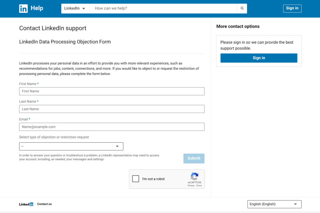 LinkedIn Data Processing Objection Form