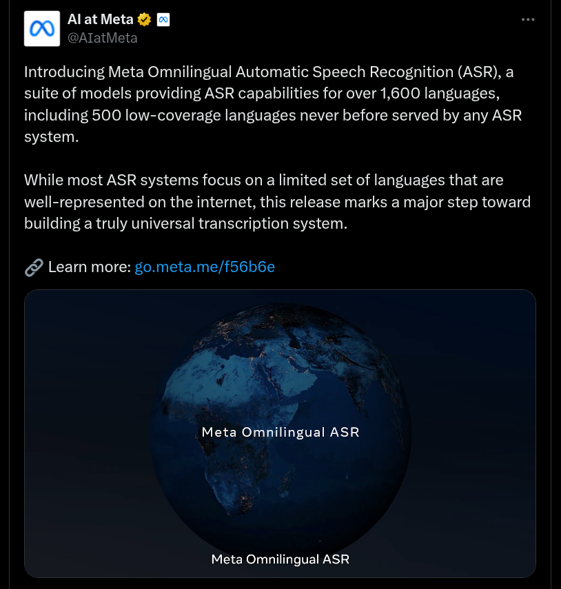 Meta Omnilingual Automatic Speech Recognition (ASR) - X Post