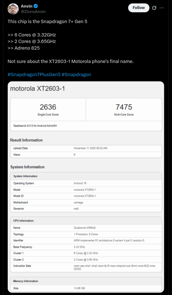 Motorola 'XT2603-1' - Geekbench Listing (X Post)