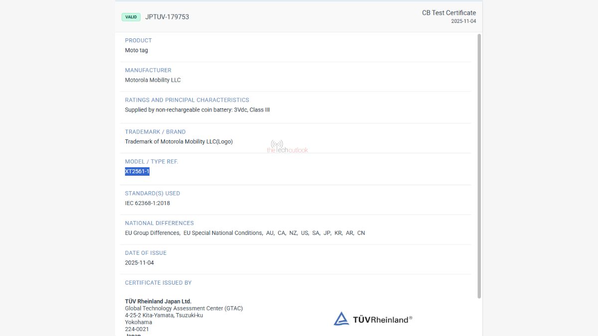 New Moto Tag ('XT2561-1') - TUV Rheinland Certification