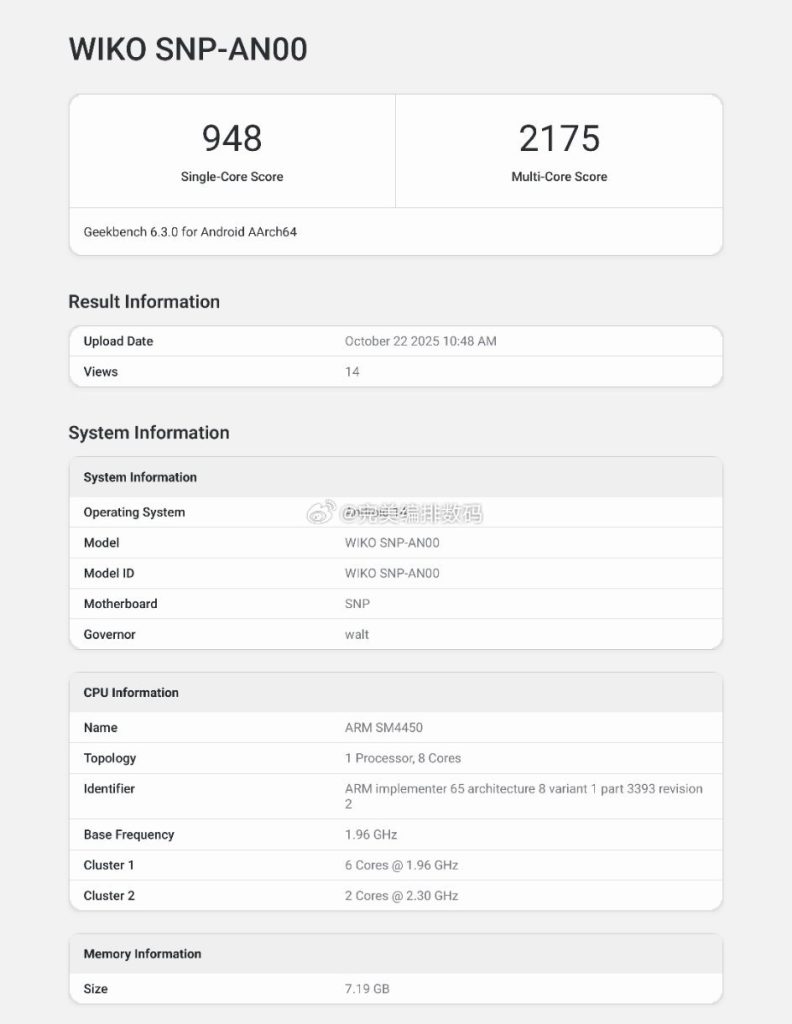New Wiko Phone (SNP-AN00) - Geekbench Listing