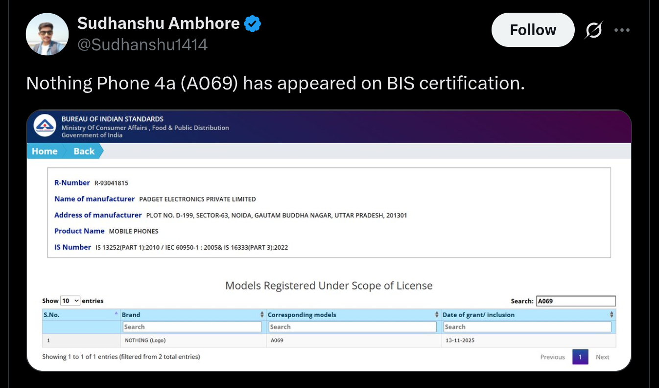 Nothing Phone 4a (A069) - BIS Certification