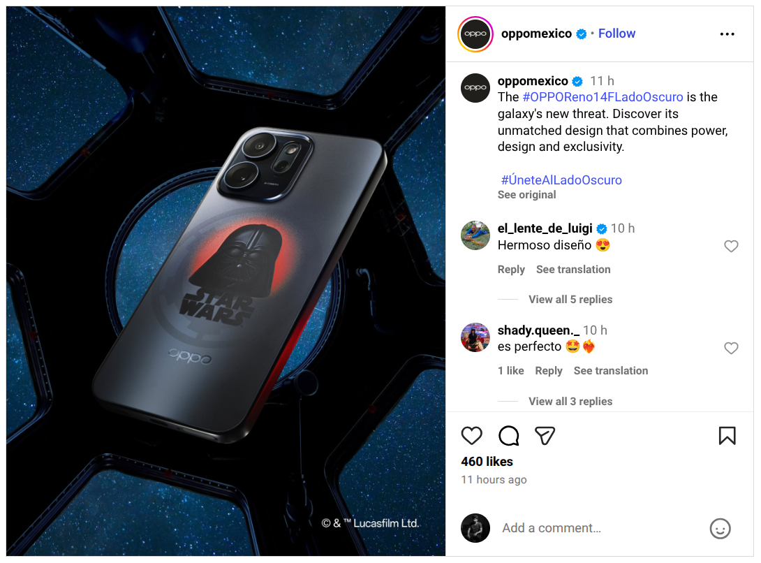 OPPO Reno 14F Dark Side Edition (Lado Oscuro) - Revealed Design (Instagram)