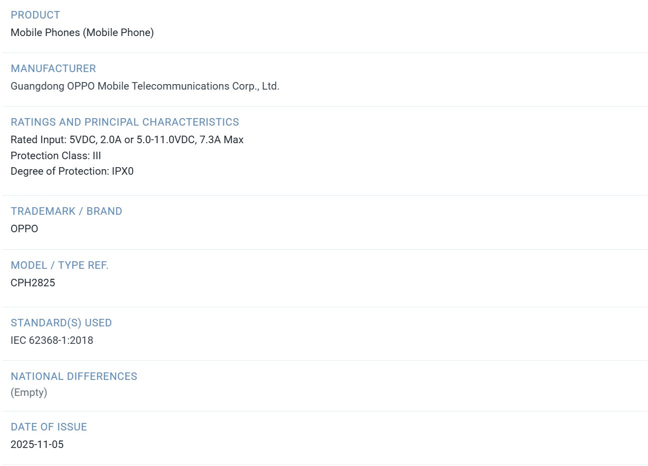 OPPO Reno 15 5G (CPH2825) - TUV Certification