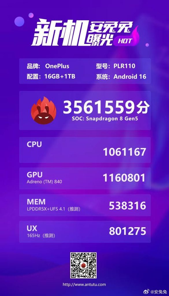 OnePlus Ace 6T (PLR110) Powered by Qualcomm Snapdragon 8 Gen 5 - AnTuTu Benchmark Score (Image)