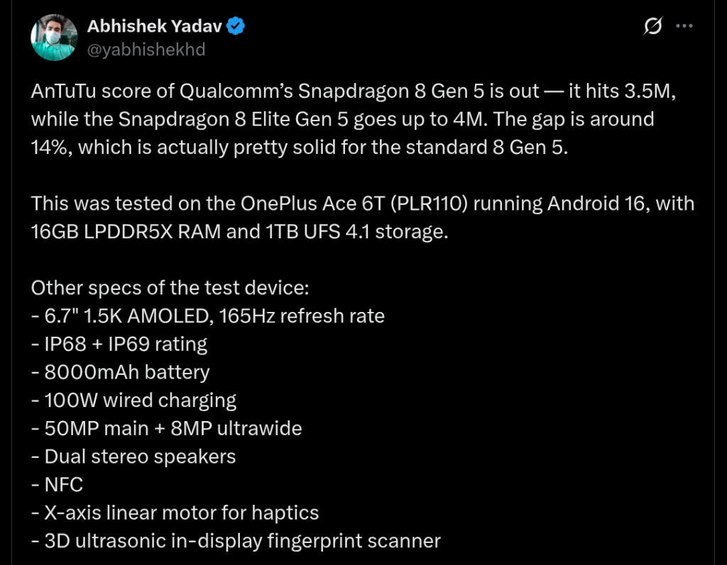 OnePlus Ace 6T (PLR110) Powered by Qualcomm Snapdragon 8 Gen 5 - AnTuTu Benchmark Score (X Post)