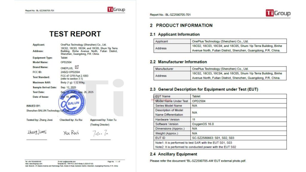 OnePlus Pad Go 2 (OPD2504) - FCC Certification (1)
