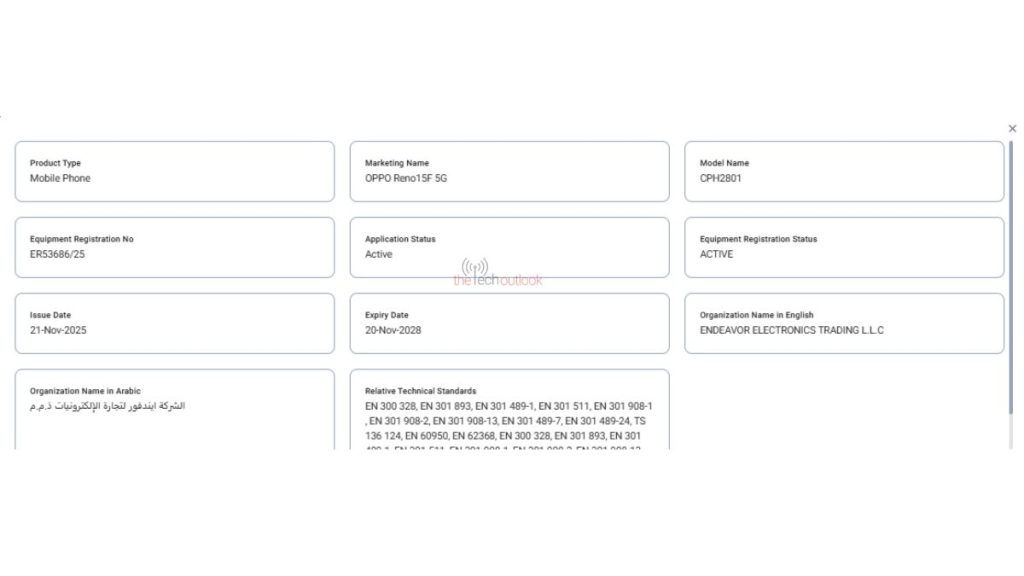 OPPO Reno 15F - TDRA Certification