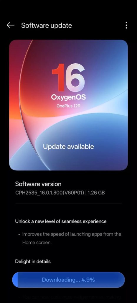 OxygenOS 16 Update for OnePlus 12R - Software Update Page