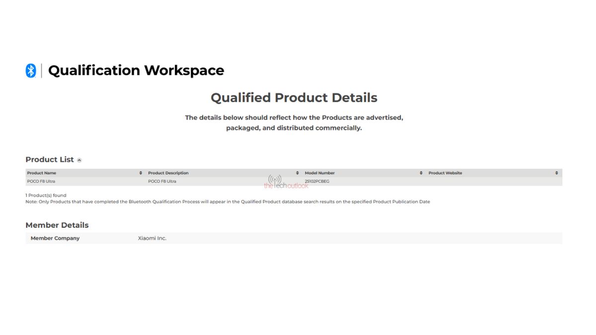 POCO F8 Ultra - Bluetooth SIG Certification