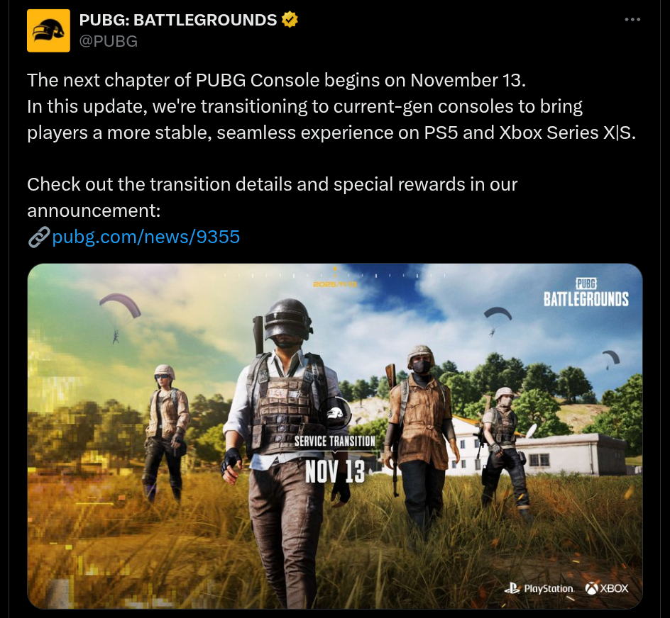 PUBG Battlegrounds Console Update on 13th November 2025 - X Post