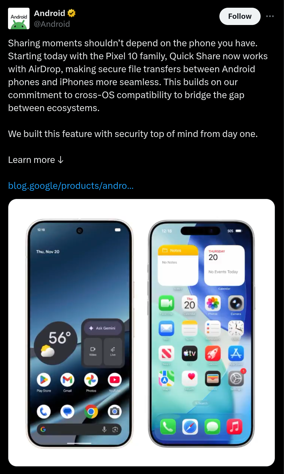 Pixel 10 Series Quick Share Now Supports AirDrop - X Post