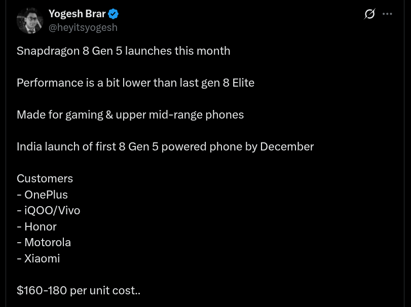 Qualcomm Snapdragon 8 Gen 5 Smartphones Tipped to Launch This Month - X Post