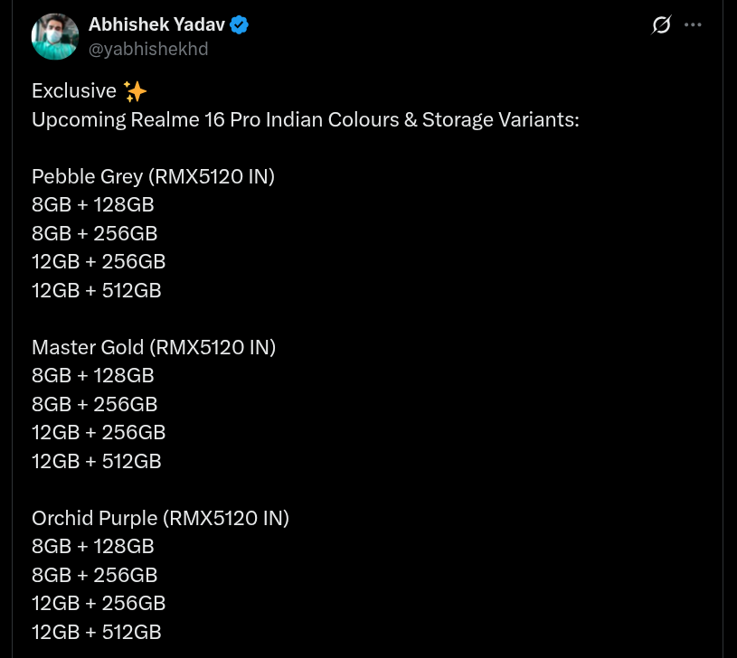 Realme 16 Pro Indian Color Choices and Storage Options - X Post