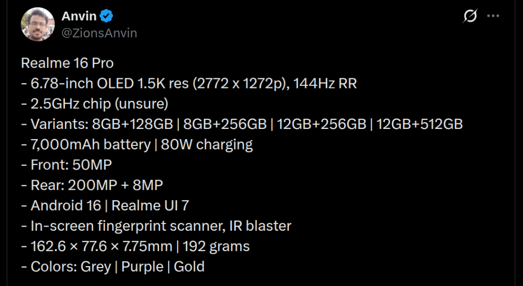 Realme 16 Pro - Key Specs