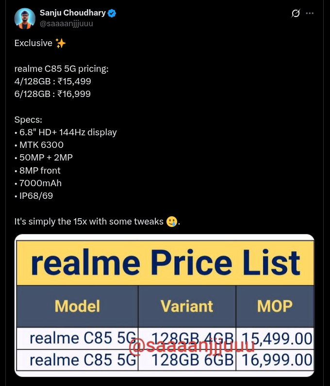 Realme C85 5G - Tipped Pricing and Specs (X Post)