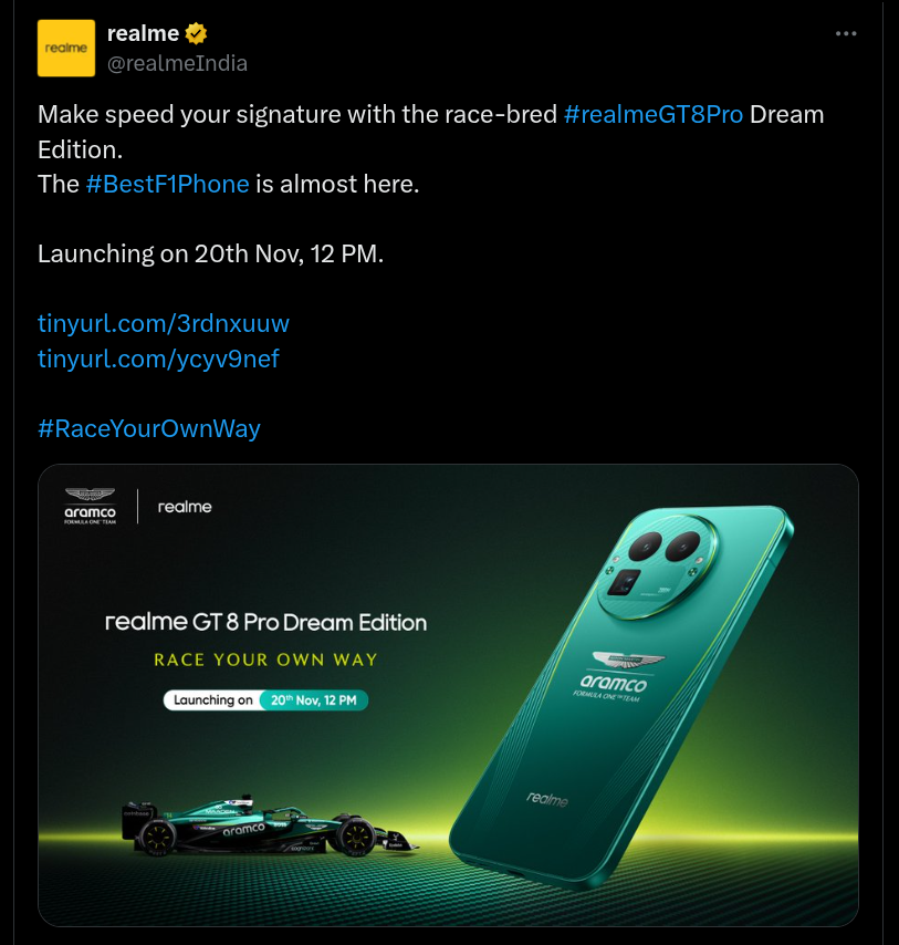 Realme GT 8 Pro Dream Edition Teased in India - X Post