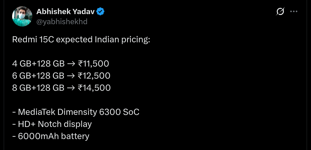 Redmi 15C Smartphone Expected Indian Pricing (X Post)