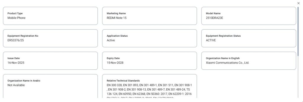 Redmi Note 15 4G (2510DRA23E) - TDRA Certification