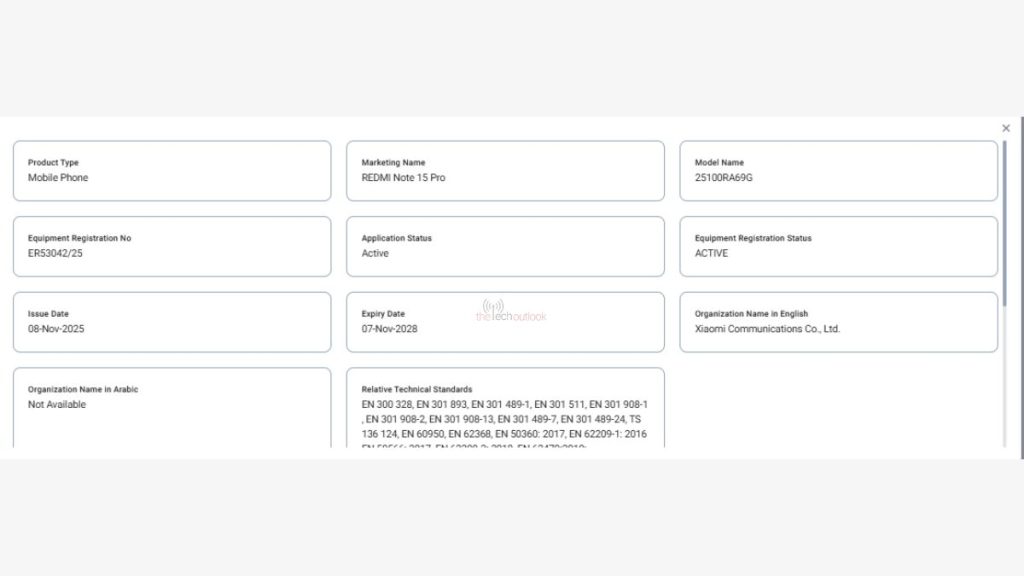 Redmi Note 15 Pro - TDRA Certification
