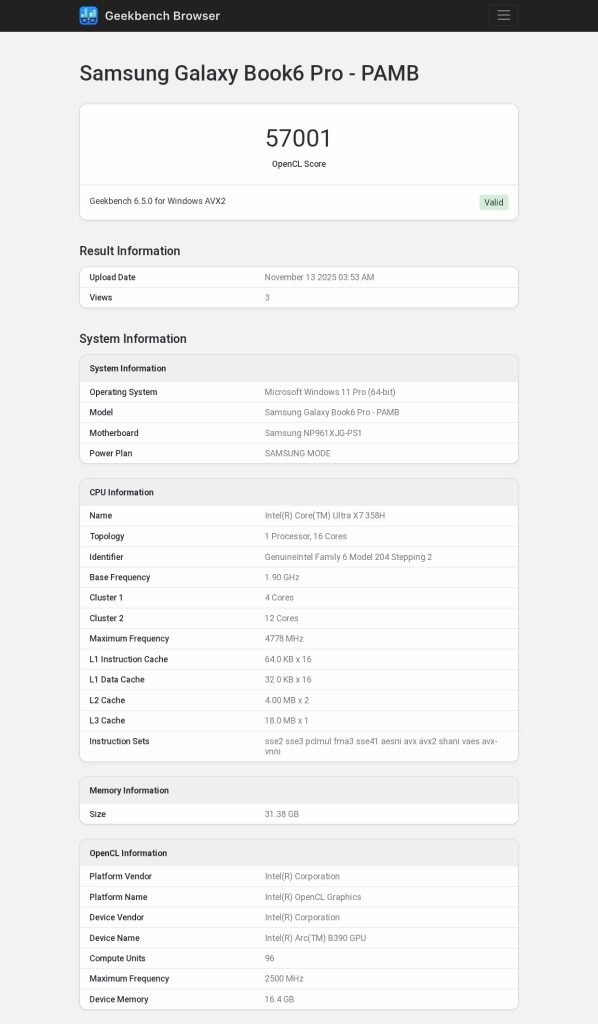 Samsung Galaxy Book 6 Pro (PAMB) Another Variant - Geekbench Listing