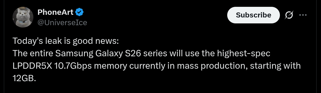 Samsung Galaxy S26 Series - 12GB LPDDR5X 10.7Gbps RAM Tipped