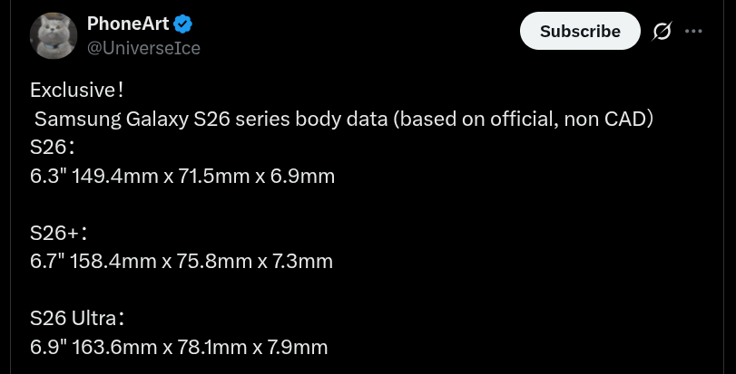 Samsung Galaxy S26 Series - Screen Size and Dimension