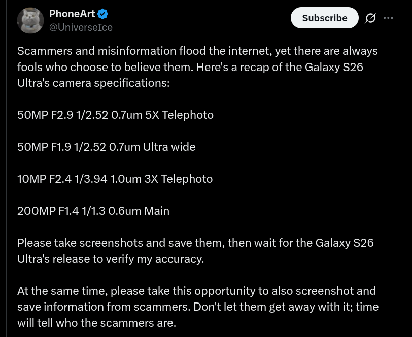 Samsung Galaxy S26 Ultra - Camera Specs