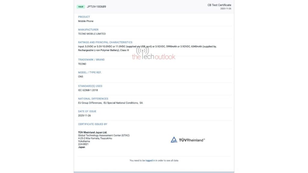 Tecno Camon 50 (CN5) - TUV Rheinland Certification