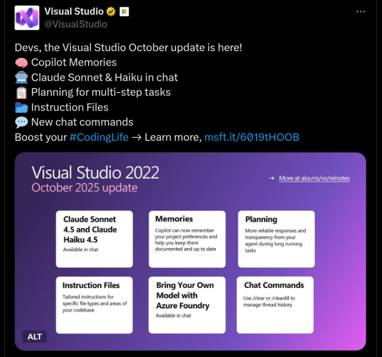 Microsoft Releases the Visual Studio October 2025 Update: Copilot ...