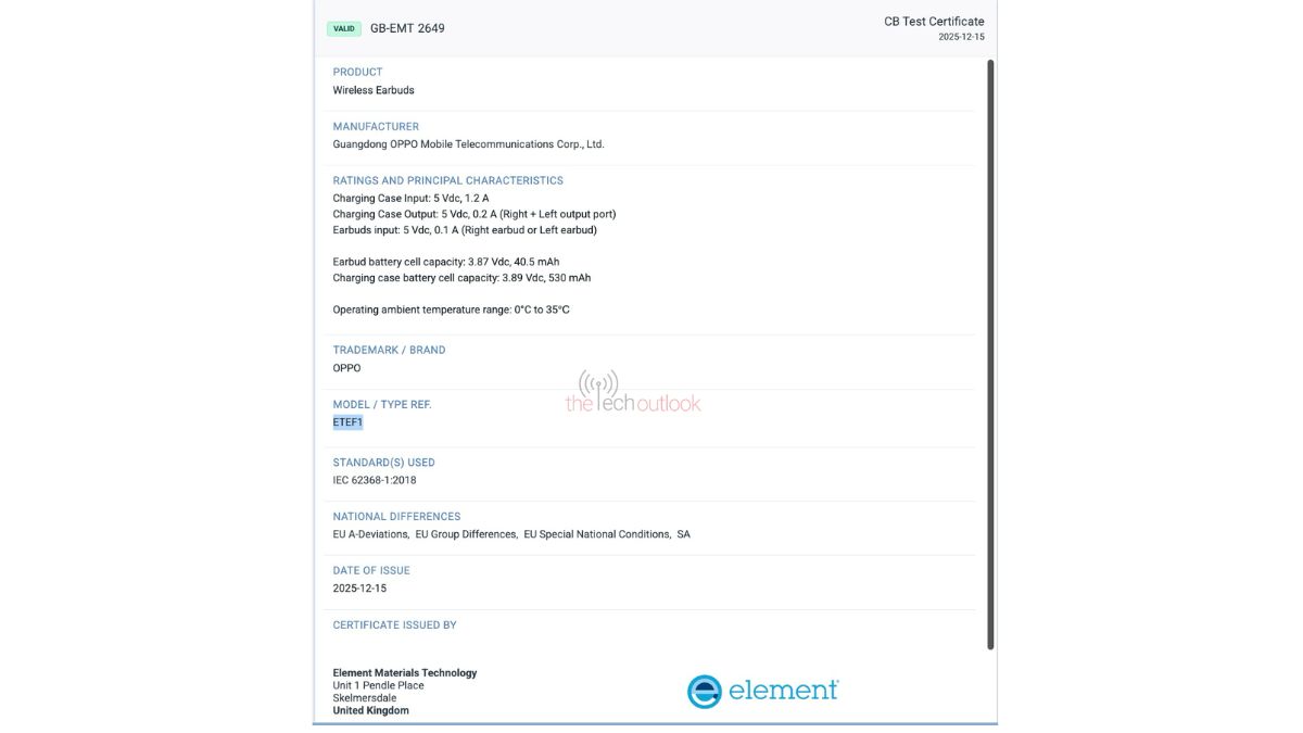 New OPPO Earbuds (ETEF1) - Element Certification