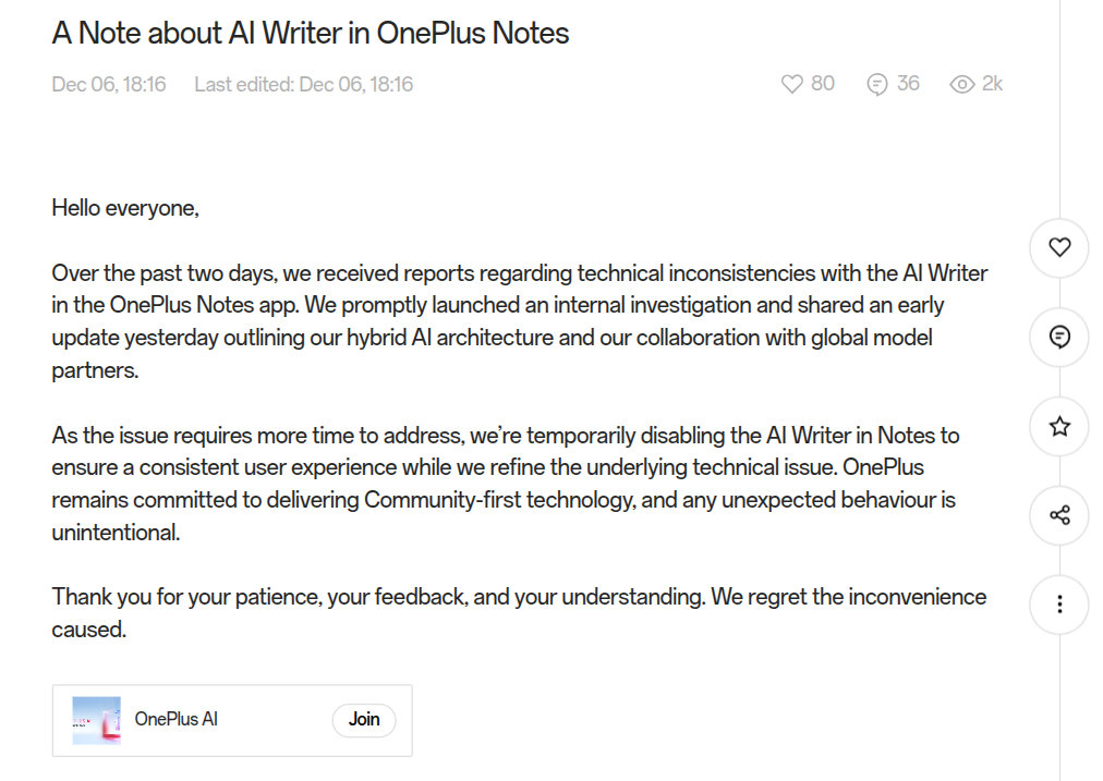 AI Writer in Notes Temporarily Discontinued - OnePlus Community Listing