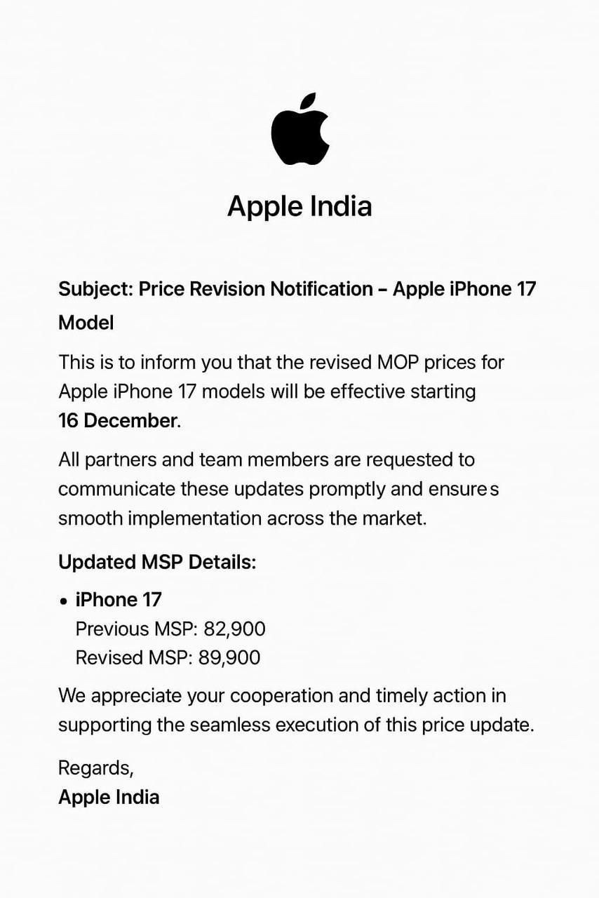 Apple iPhone 17 Smartphone - Price Hike in India