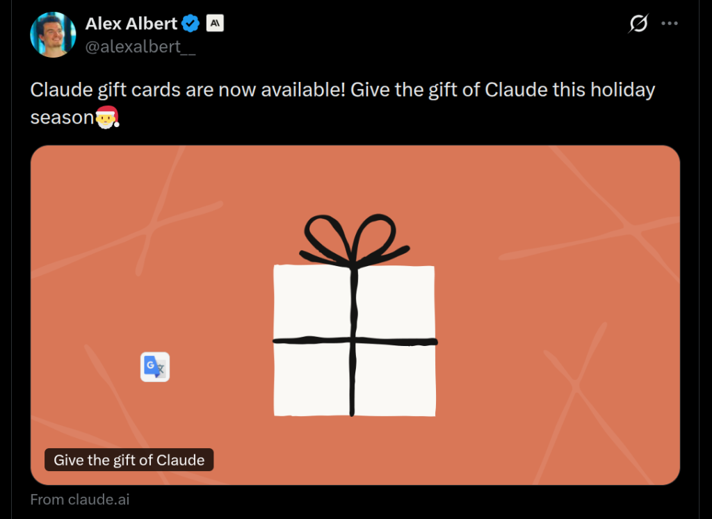 Claude Gift Cards Now Available - X Post