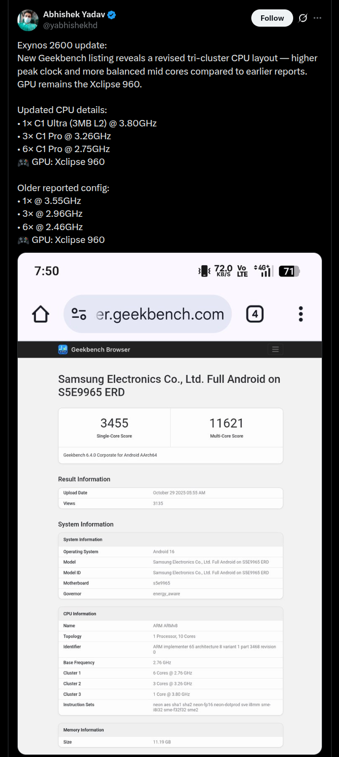 Exynos 2600 - Chip Details (X Post)