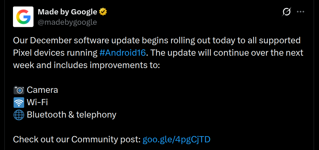 Google's December 2025 Software Update - Roll-Out to Supported Pixel Devices Now Live (X Post)
