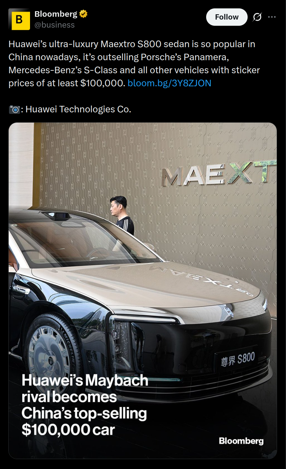 Huawei Maextro S800 Sedan Now Outselling Porsche Panamera, Mercedes Benz S-Class, and More in China